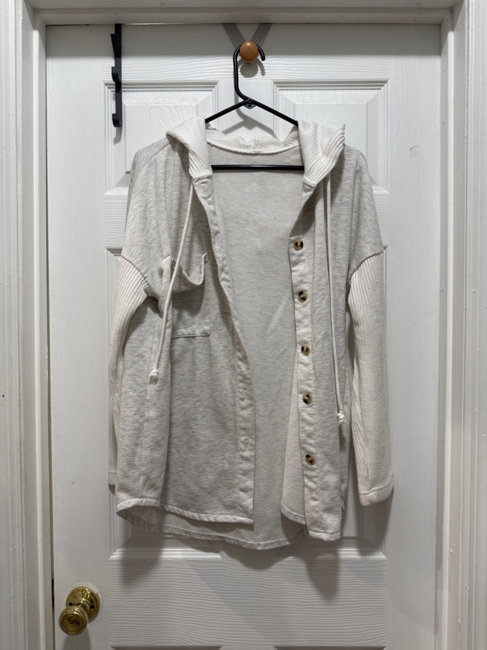 Cozy Hooded Button-Front Cardigan in heather grey and cream